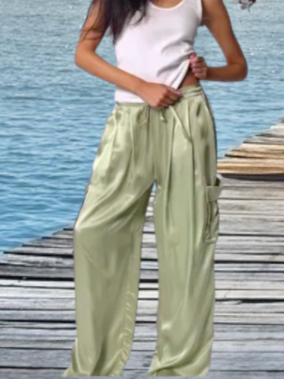 Nation LTD Romeo Fluid Silky Light Sage Wide-Leg Drawstring Cargo Pants - NWT